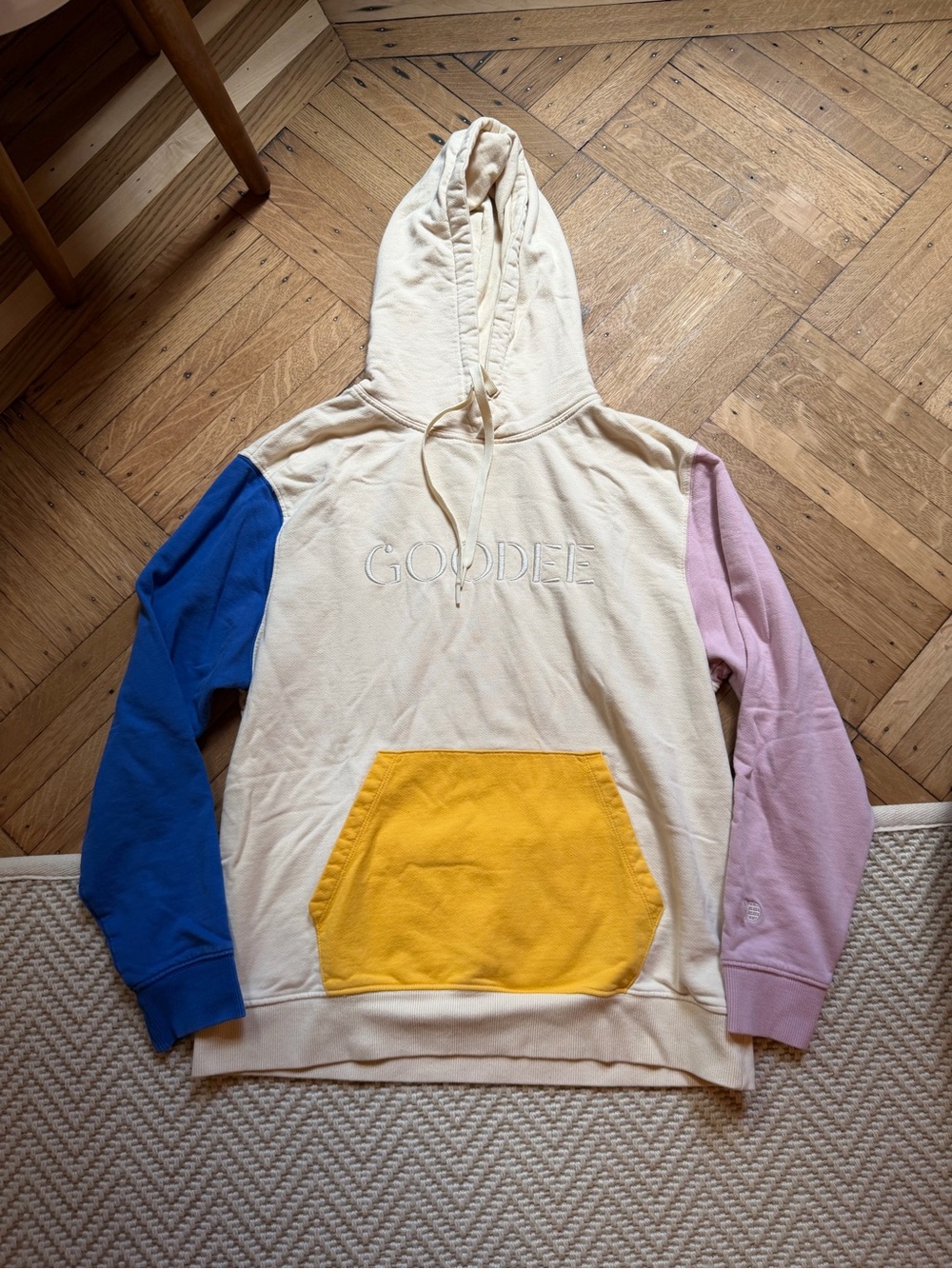 Goodee x Kotn Hoodie with Blue & Pink Sleeves and Yellow Pocket
